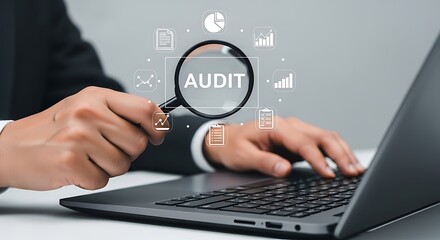 Focused audit A man s hands hover over a laptop a magnifying glass illuminates AUDIT amidst data icons in a modern