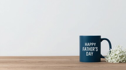 A blue coffee mug with the words Happy Father's Day written on it