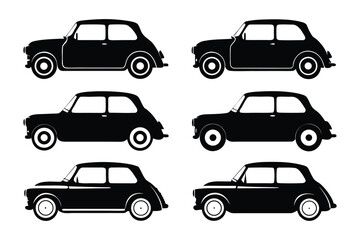 Silhouette of Vintage Classic Cars: A collection of classic cars silhouettes in a minimalist aesthetic. The iconic design celebrates vintage automobiles' timeless charm and enduring legacy.