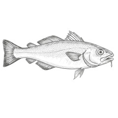 Atlantic Cod-Gadus morhua. Hand Drawn Cod Fish Illustration, Detailed Engraved Style Atlantic Cod Vector Artwork
