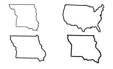 Minimal USA and State Border Outline Icons Set. map, usa, outline, state, america, border, vector, black, line, contour, missouri, iowa, geography, design, simple, silhouette, shape, drawing.