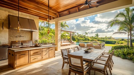 Fototapeta premium Luxury outdoor living, Island kitchen and dining area with tropical landscape