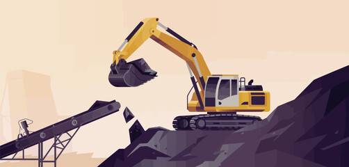 Excavator Loading Coal onto Conveyor Belt in Mine