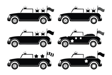 Vintage Parade Car Silhouette: A stylized collection of elegant vintage parade cars in sleek black, each adorned with festive crowns, flags, and decorations, representing grandeur and celebration.
