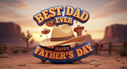 A festive Best Dad Ever Father s Day celebration in the desert with a straw hat and warm sunset