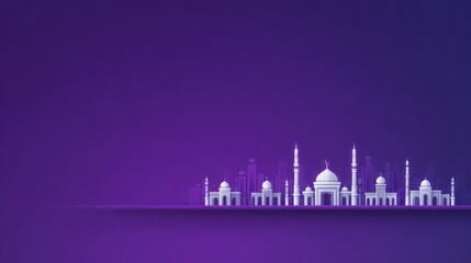 A purple background with a city skyline in the foreground