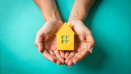 Hands Holding Mini House on Teal Background – Homeownership Concept