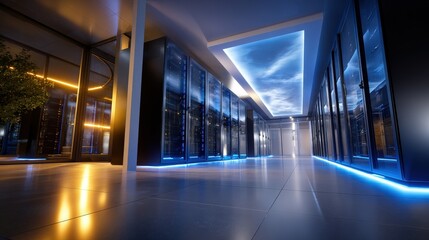 Modern Data Center Interior with Blue Lighting