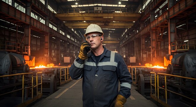 A male worker in a hard hat and safety glasses uses a walkie-talkie in a large industrial factory with molten metal and heavy machinery.
