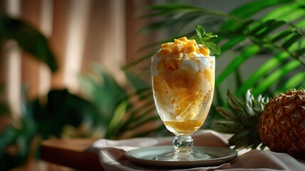 Refreshing Mango Pineapple Shaved Ice Dessert in Glass