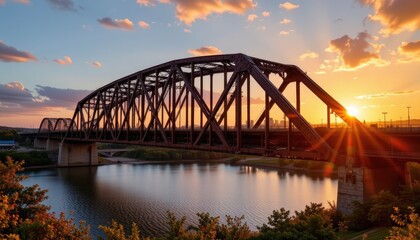 Naklejka premium steel truss girder bridge across river at sunset, warm colors, high definition details, focused on structural elements, deep perspective, industrial yet scenic, cinematic atmosphere, 3d depth