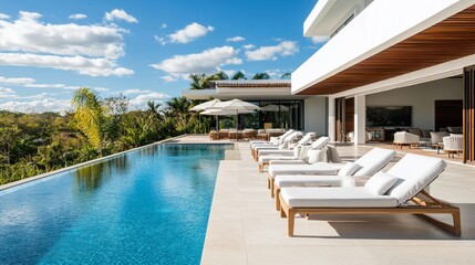 Fototapeta premium Luxurious villa with infinity pool overlooking tropical landscape under blue sky