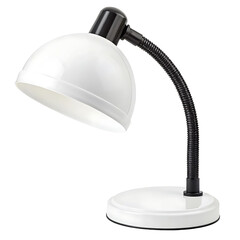 Modern white desk lamp with flexible black gooseneck arm and black base isolated on transparent background
