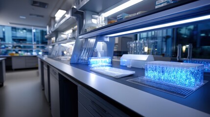 Modern Laboratory Interior with Blue Illuminated Samples
