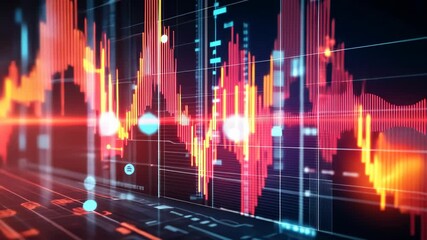 Abstract digital grid overlaid with a red graph showing volatile fluctuation
