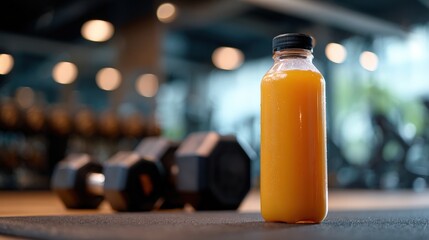 Orange Juice Bottle in Gym Setting