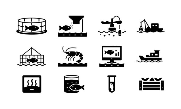 Aquaculture icons: hatchery, feeding systems, and monitoring equipment