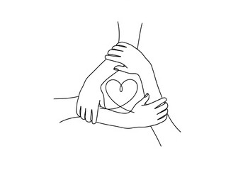Three pairs of hands encircling a heart symbolizing unity support and connection drawn with a single