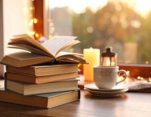 Fototapeta premium Books, tea, and candles by a window