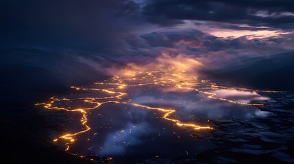 Aerial Night View of City Lights in Foggy Mountain Valley