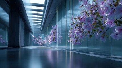 Pink Cherry Blossoms in a Modern Glass Hallway