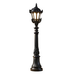 Fototapeta premium Ornate black victorian street lamp illuminated at dusk with elegant building facade isolated on transparent background