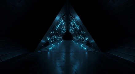Empty room, dark abstract sci-fi tunnel, Futuristic triangle spaceship corridor.
