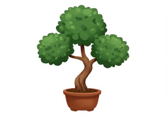 A cartoon bonsai tree in a pot, isolated on white background