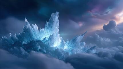 Glowing Crystal Structure Above Clouds at Night