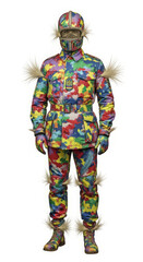 A colorful, camouflaged figure in military attire adorned with unusual, spiky protrusions.