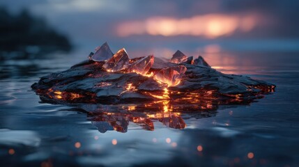 Glowing Embers on Rocks Reflected in Dark Water at Night