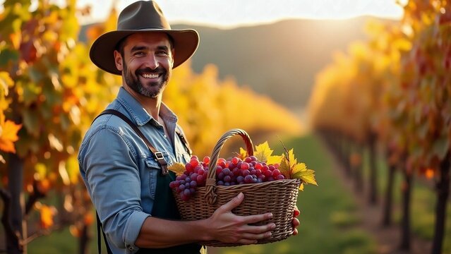 Vendemmia in autunno: contadino che porge un cesto con uva, vigneto sullo sfondo