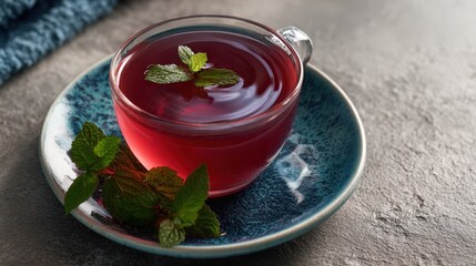 Red Herbal Tea with Mint in Glass Cup on Teal Saucer