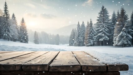 Rustic wooden table covered in snow with a soft focus winter forest and falling snowflakes in the background