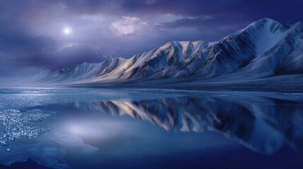 Majestic Snowy Mountains Reflected in a Tranquil Blue Lake at Twilight