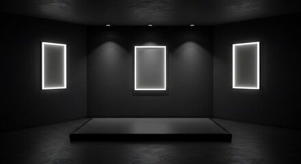 Empty room, Black and white background, room with three light frames, perspective view stage