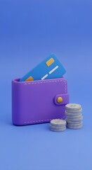3D Icon Purple Wallet - Credit Card, Coins, Finance, Money Management, Digital Payment, Budgeting, Financial Freedom