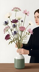 Woman Holding Vase - Wildflowers, Botanical Arrangement, Natural Beauty, Home Decor, Fresh Flowers, Countryside Blooms, Gentle Touch