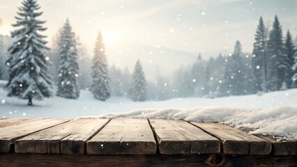 Rustic wooden table covered in snow with a soft focus winter forest landscape and falling snowflakes in the background