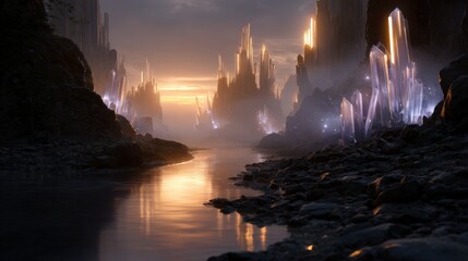 Glowing Crystal Mountains at Sunset Over a Calm River