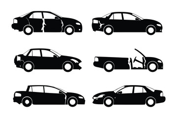 Car Damage Set: A set of sleek, black car silhouettes showcase various types of collision damage, providing a detailed illustration for accidents and incidents. 