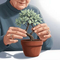 Elderly Man Tending to Bonsai Tree - Hobby, Patience, Nature, Wisdom, Growth, Care, Longevity, Peaceful Activity, Retirement