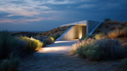 Modern Concrete Structure at Dusk Landscape
