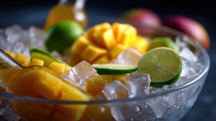 Close Up of Refreshing Mango and Lime Slices in a Glass Bowl Filled with Ice