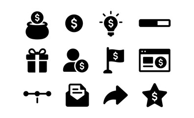 Crowdfunding icon set: money, progress, and engagement symbols in black silhouette style