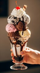 Hand Holding Chocolate Ice Cream Sundae - Dessert, Sweet Treat, Summer Food, Indulgence, Snack, Vanilla, Strawberry, Oreo, Childhood Fun