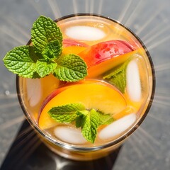 Iced Tea - Peach Slices, Mint, Ice, Refreshing Drink, Summer Beverage, Cool Drink, Healthy Hydration, Top View, Citrus, Natural