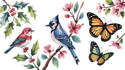 Watercolor Illustration of Birds, Butterflies, Berries, and Pink Blossoms on a White Background