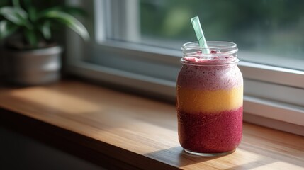 Layered Berry Mango Smoothie in Glass Jar on Windowsill