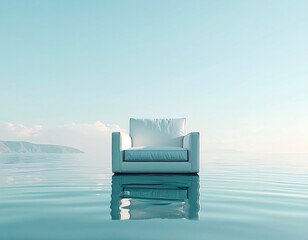 A single wooden chair floating upright in the middle of a calm lake, representing isolation.